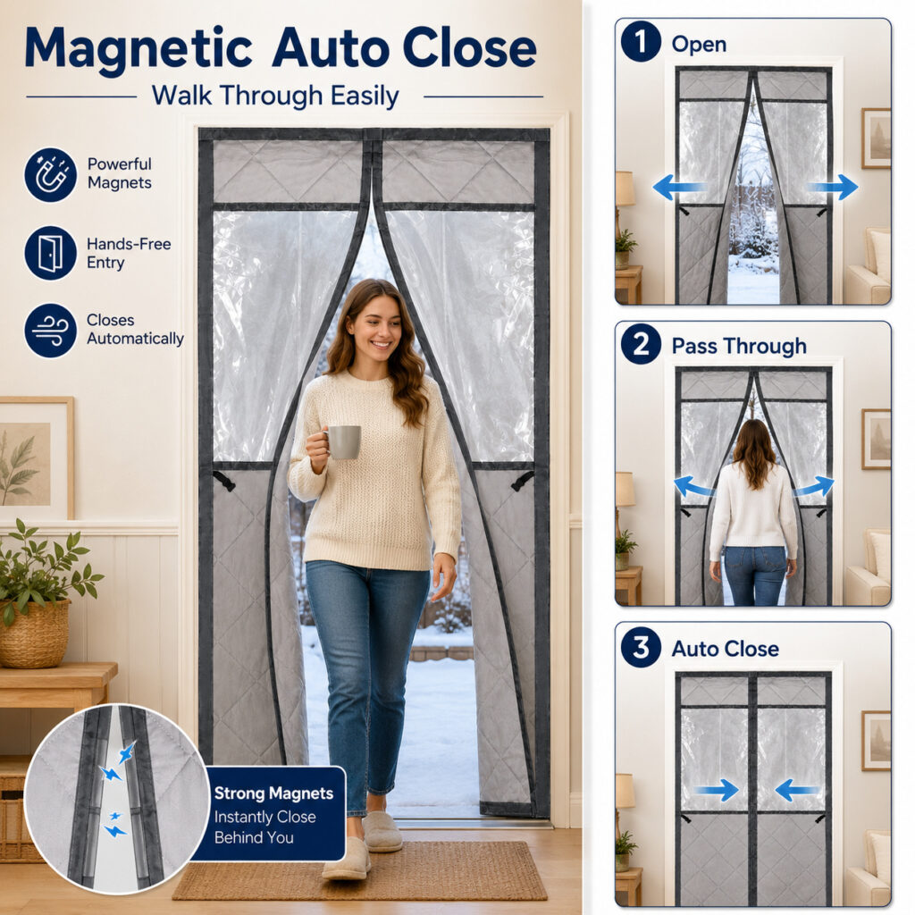 Magnetic Thermal Door Curtain — Grey, 80 × 200 cm