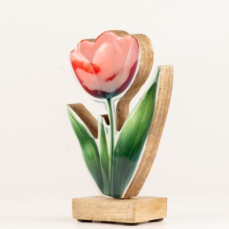 Wooden Tulip Shelf Decoration — Mango Wood & Enamel
